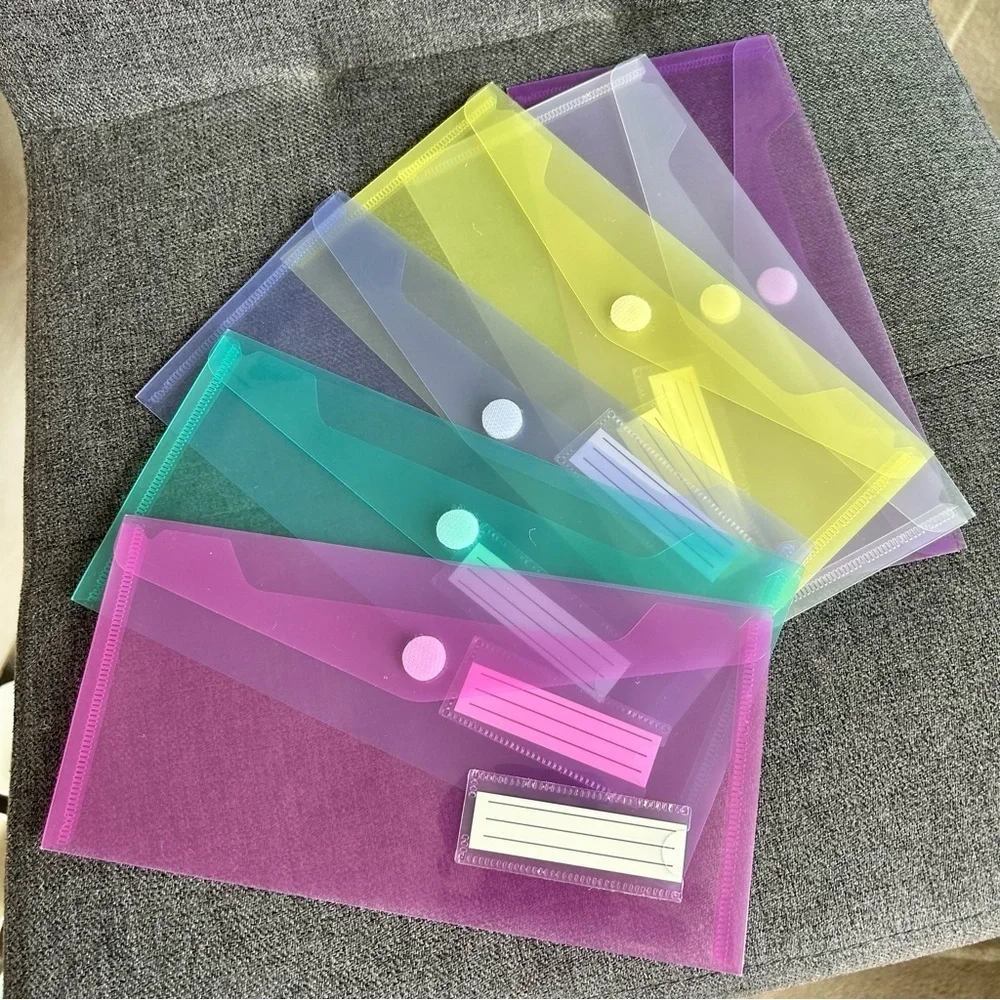 Set/6 Brightly Colored, Transparent Velcro Closure Envelope Organizers, A6 Size